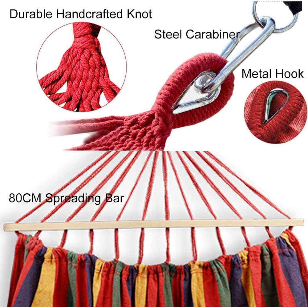 Detalles de la Hamaca Colgante de Tela con 60cm Travesaños de Madera, 220x150cm Hamacas Grande con Almohada Inflable para Jardín Acampada Exterior, 300kg Carga, Rayas. EASY EAGLE