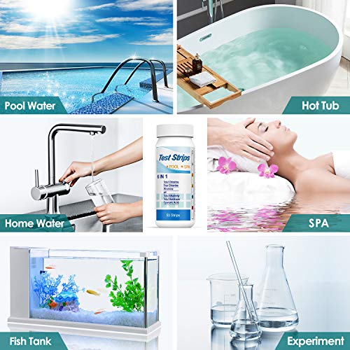 Usos diversos de las Tiras de Papel Reactivas de Piscina para Pruebas de pH, Cloro Residual, alcalinidad, dureza, ácido cianúrico, 6 en 1 Papel de Prueba de Agua, para SPA, piscinas, hidromasaje (100 Piezas). Ehomfy