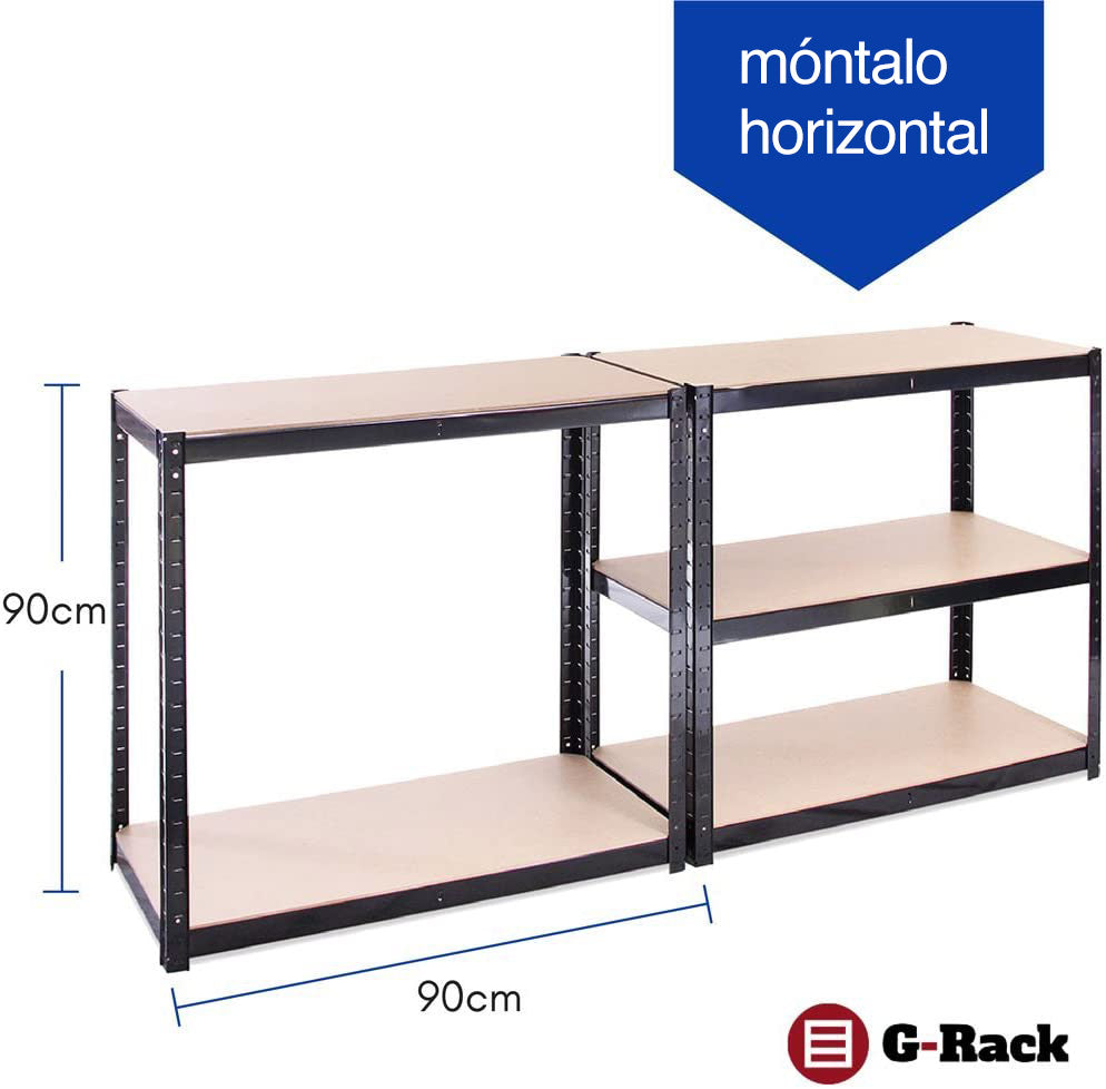 Configurable también en horizontal a modo de banco de trabajo. Estanterías para sótano o desván de Acero Inoxidable con Recubrimiento de Polvo Negro, 1 Bay. 0014. G-Rack 