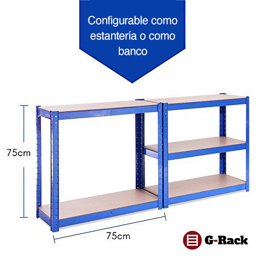 Estantería de Almacenamiento para Garaje, Acero Inoxidable con Recubrimiento de Polvo Azul, 180cm x 90cm x 40cm. G-Rack 0022.. Configurable como estantería o como banco horizontal