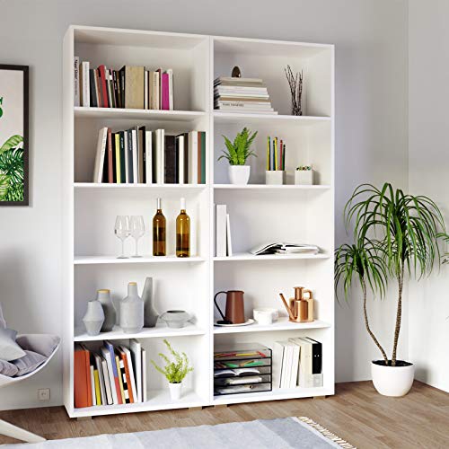 Vista en salón de Doble Estantería librería 'Vela' color Blanco de 5 estantes 190 cm para Oficina o Dormitorio. Casaria