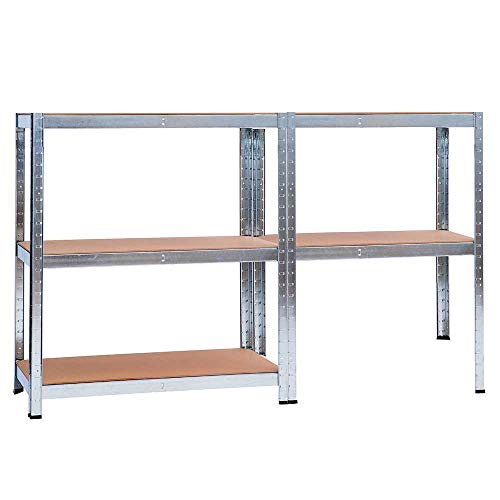 Disposición como banco de trabajo de Estanterías Modulares (2 uds) y 1 Estantería Esquinera Galvanizadas 5 Baldas Ajustables GH91. Garden House Garage 91 