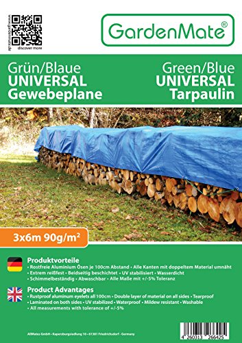 Protege la leña de la lluvia con la Lona de protección Universal azul/verde  3 x 6 m 90 g/m2 | Funda protectora | Lona impermeable. GardenMate
