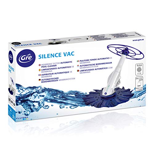 Packaging del Limpiafondos aspiración automática para piscinas hasta 180 cm altura, necesario sistema filtración entre 0,5 y 1,5 CV. Silence Vac  90397. GRE
