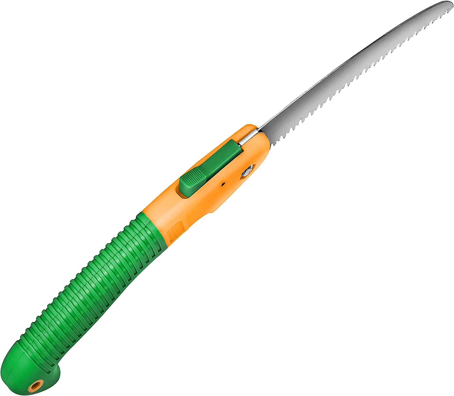 Vista cenital desplegada de la Sierra de Mano Plegable TIBURÓN para poda y jardinería dentado japonés. GRÜNTEK