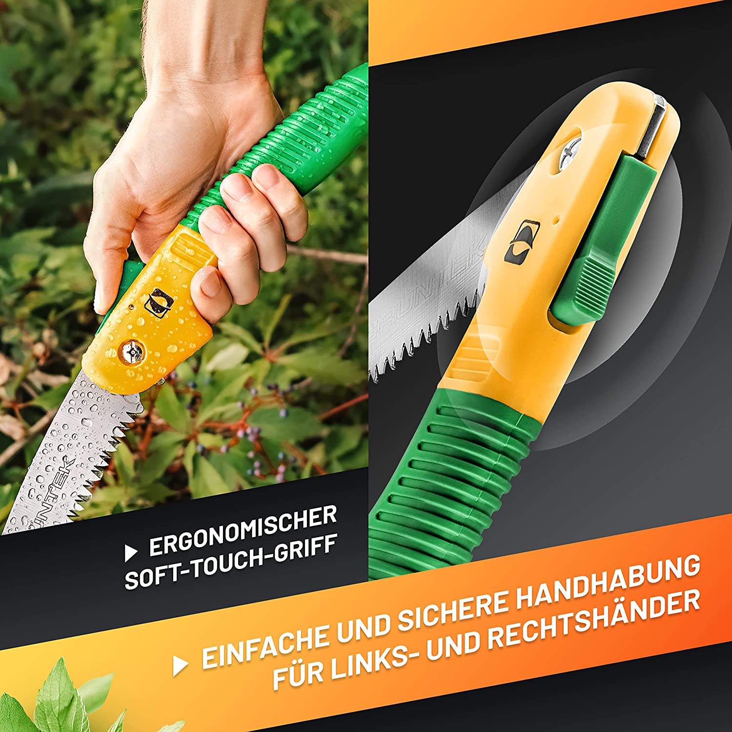 Manejo cómodo para diestros y zurdos de la Sierra de Mano Plegable TIBURÓN para poda y jardinería dentado japonés. GRÜNTEK
