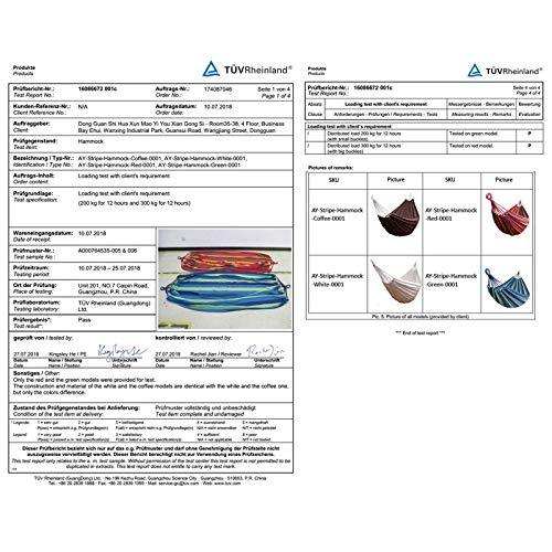 Ficha técnica de la Hamaca de Algodón para Jardín. Hasta 200 Kg. con Bolsa. Anyoo