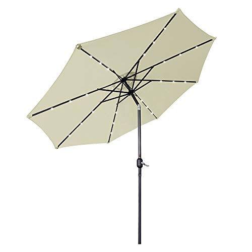 Parasol de Aluminio Ø 300 cm con Luces LED solares, manivela, inclinable para terraza o jardín, Beige. HENGMEI