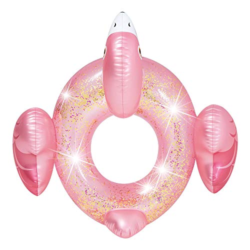 Flotador flamenco rosa con purpurina de fantasía para fiesta infantil en piscina. Vista desde arriba. Intex 56251NP