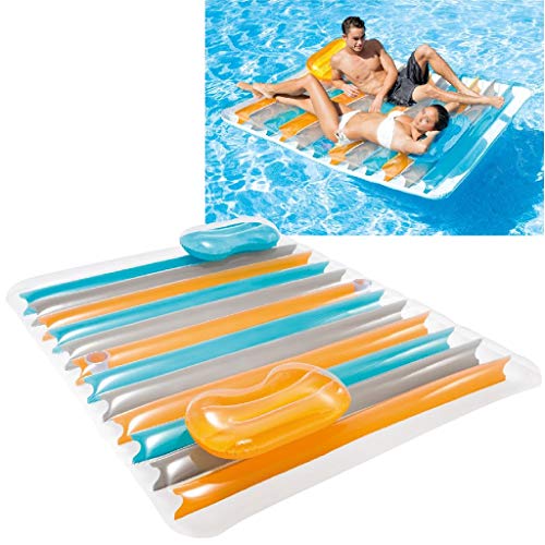 Colchoneta hinchable doble con 2 almohadas 198 x 160 cm. Vista producto y piscina. 56897EU - Intex
