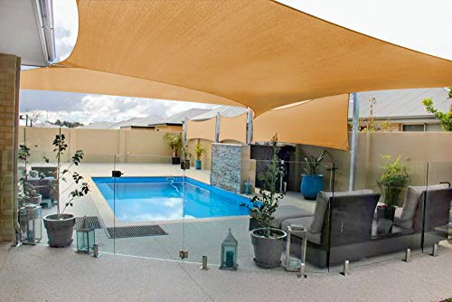 Bonito patio con piscina y el Toldo Vela Rectangular 4x6 m Transpirable Color Arena | Se instala fácil, Manual y Cuerdas 1,5m x4. JOYARDS