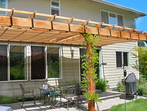 Porche de chalet con sombraje de madera y el Toldo Vela Rectangular 4x6 m Transpirable Color Arena | Se instala fácil, Manual y Cuerdas 1,5m x4. JOYARDS