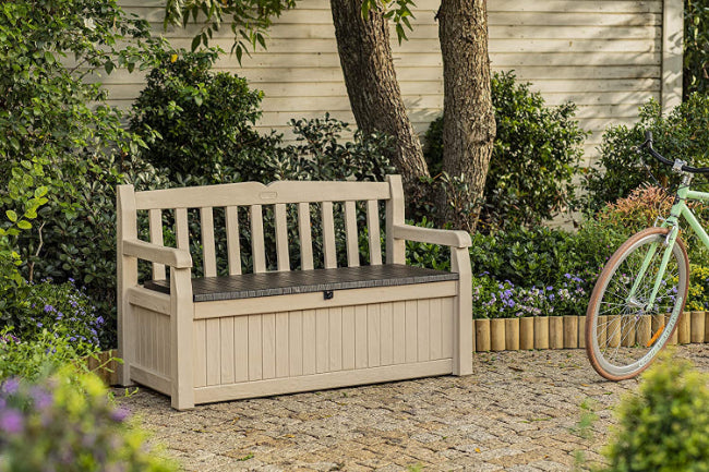 Banco Arcón Exterior Eden Garden Bench, Capacidad 265 litros, Color Marrón y Beige. Keter