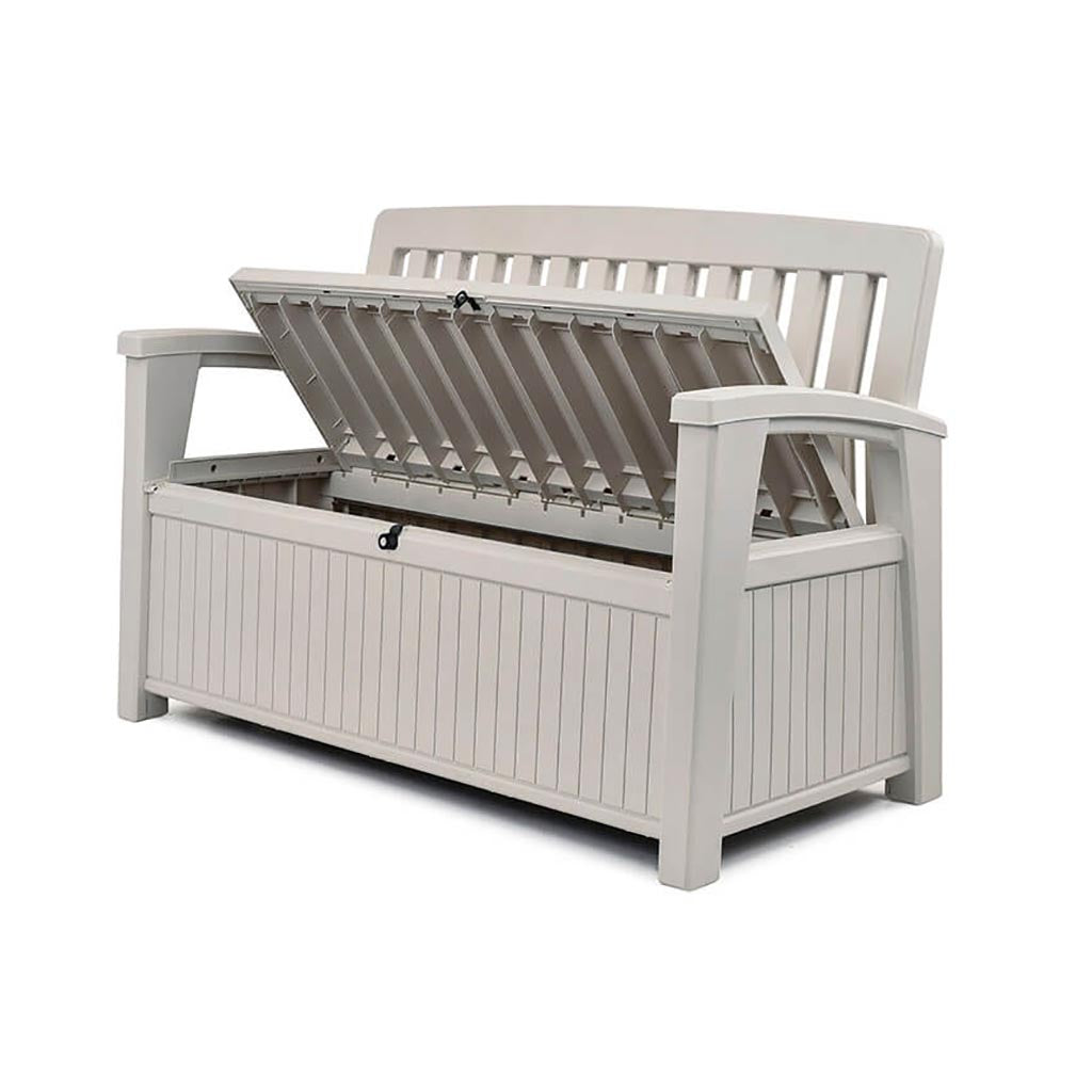 Banco de jardín Keter con baúl de 227 litros para exterior Color Blanco para Chalet y jardín. Vista con tapa abierta