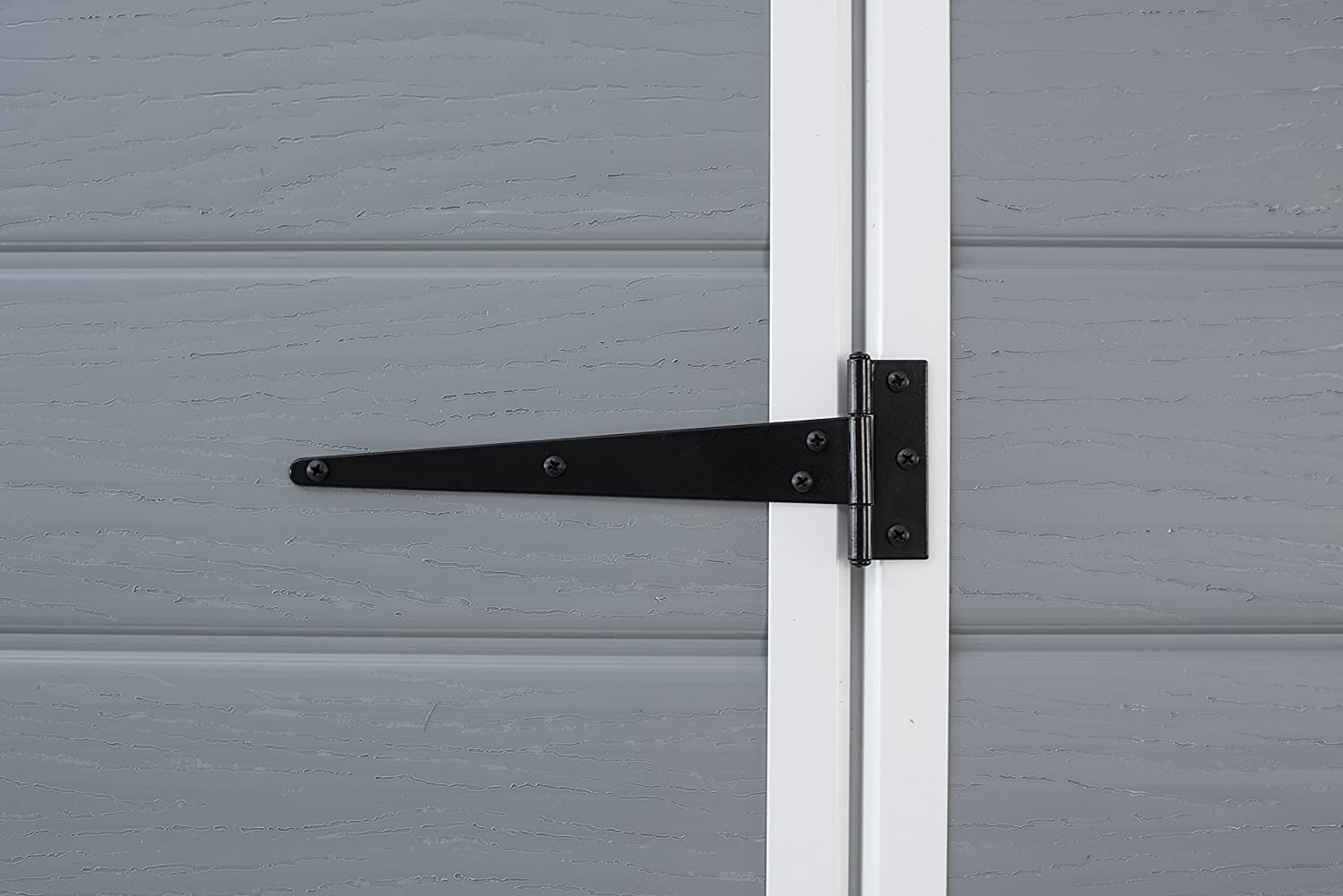 Caseta de jardín Manor 6x8. 186x237x227 cm. Cobertizo exterior. Color gris. Detalle de bisagra. Keter