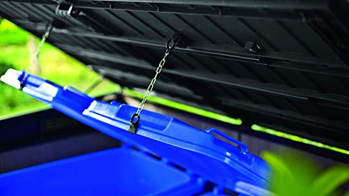 Cobertizo de jardín exterior Duotech Grande Store, 2.020 litros, Color gris. Detalle cadenas para aperturas. Keter