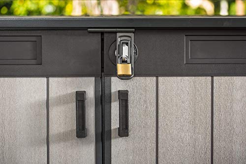 Cobertizo de jardín exterior Duotech Grande Store, 2.020 litros, Color gris. Detalle del cierre. Candado no incluido. Keter