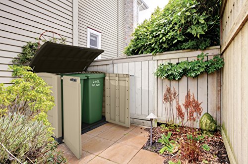 Cobertizo en Patio Exterior Store It Arc, Capacidad 1200 litros, Color topo y beige. Contiene contenedores de basura. Keter | maxjardin