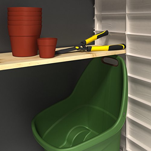 Vista interior con estante. Cobertizo de Jardín Exterior Store It Arc, Capacidad 1200 litros, Color topo y beige. Detalle de estantería. Keter | maxjardin