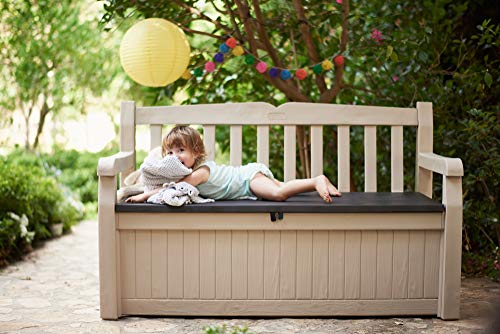 Banco Arcón Exterior Eden Garden Bench, Capacidad 265 litros, Color Marrón y Beige. Keter