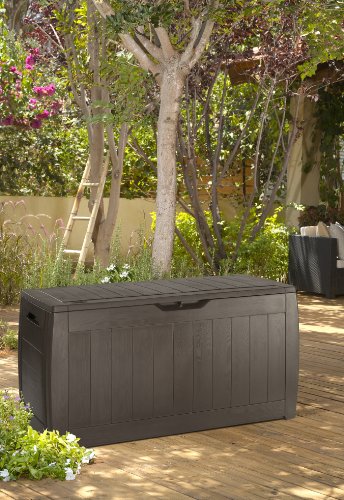 Baúl de exterior Hollywood - Arcón para jardín o balcón Color marrón. Vista en patio exterior. Keter