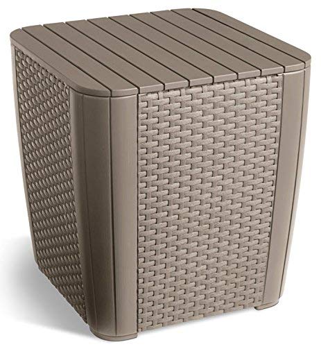 Conjunto de terraza o balcón Keter Iowa con 2 sillones y mesa Luzon en rattán, con cojines incluidos, Capuchino. Detalle mesa. Keter