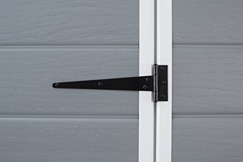 Caseta de jardín con suelo Manor 4X6 S Shed, sistema de ventilación, puerta y ventana, resistente al agua, color gris. 198x192x130 cm. Detalle bisagra. Keter