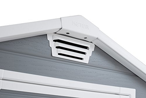 Caseta de jardín con suelo Manor 4X6 S Shed, sistema de ventilación, puerta y ventana, resistente al agua, color gris. 198x192x130 cm. Detalle  rejilla respiradero. Keter