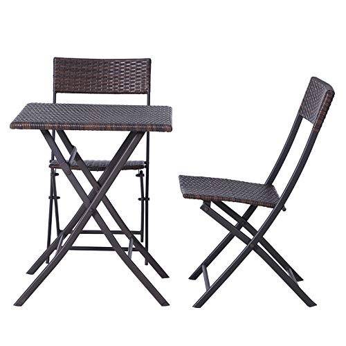 Conjunto de 3 Piezas de Ratán Juego de 2 Sillas y Mesa para Patio Balcón Jardín Plegable Diseño Trenzado Elegante Mesa de 60x60x72 cm Color Marrón. Conjunto de frente y perfil.  Outsunny