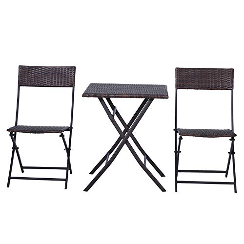 Conjunto de 3 Piezas de Ratán Juego de 2 Sillas y Mesa para Patio Balcón Jardín Plegable Diseño Trenzado Elegante Mesa de 60x60x72 cm Color Marrón. Vista frontal. Outsunny