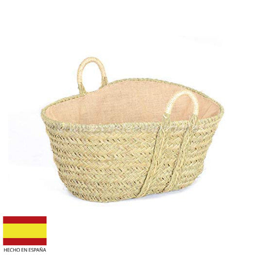Capazo Leñero de Esparto con Asas de Pita reforzadas, forrado en tela de arpillera. Grande (57X47X29). Vista general. Cestería Aparici 