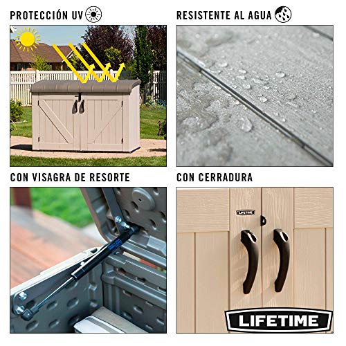 Arcón cobertizo para guardar bicicletas en el exterior ultrarresistente Lifetime 190 x 106 x 131 cm. Protección UV 100. Características. 60170 LIFETIME