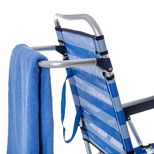 Detalle de pata para colgar toalla de Pack de 2 sillas de Playa Convertibles en Cama de Aluminio y textileno (Azul Marino). LOLAhome