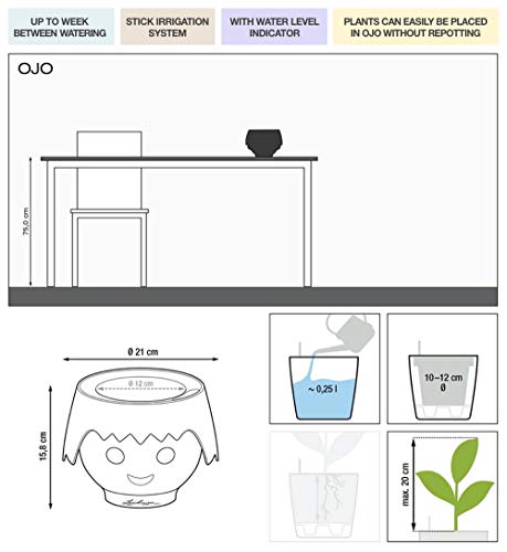 Macetero OJO con diseño de cabeza de muñeco Playmobil con medidas, detalle de cámara depósito de agua