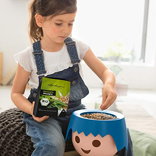 Macetero OJO Ocean Blue con diseño de cabeza de muñeco Playmobil en interior con niña