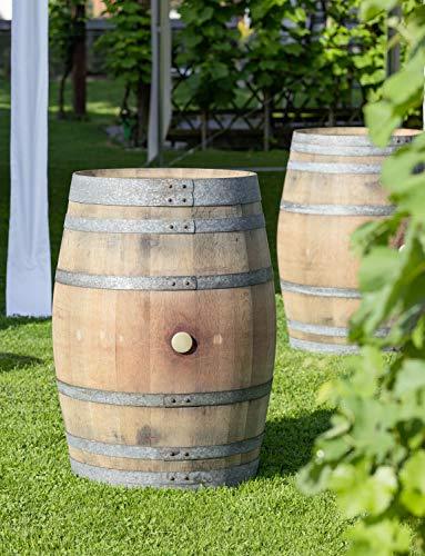 Vista en jardín de la mesa Barril mesa en madera de roble con 225 litros, natural (con fijación de anillos). Temesso | maxjardin