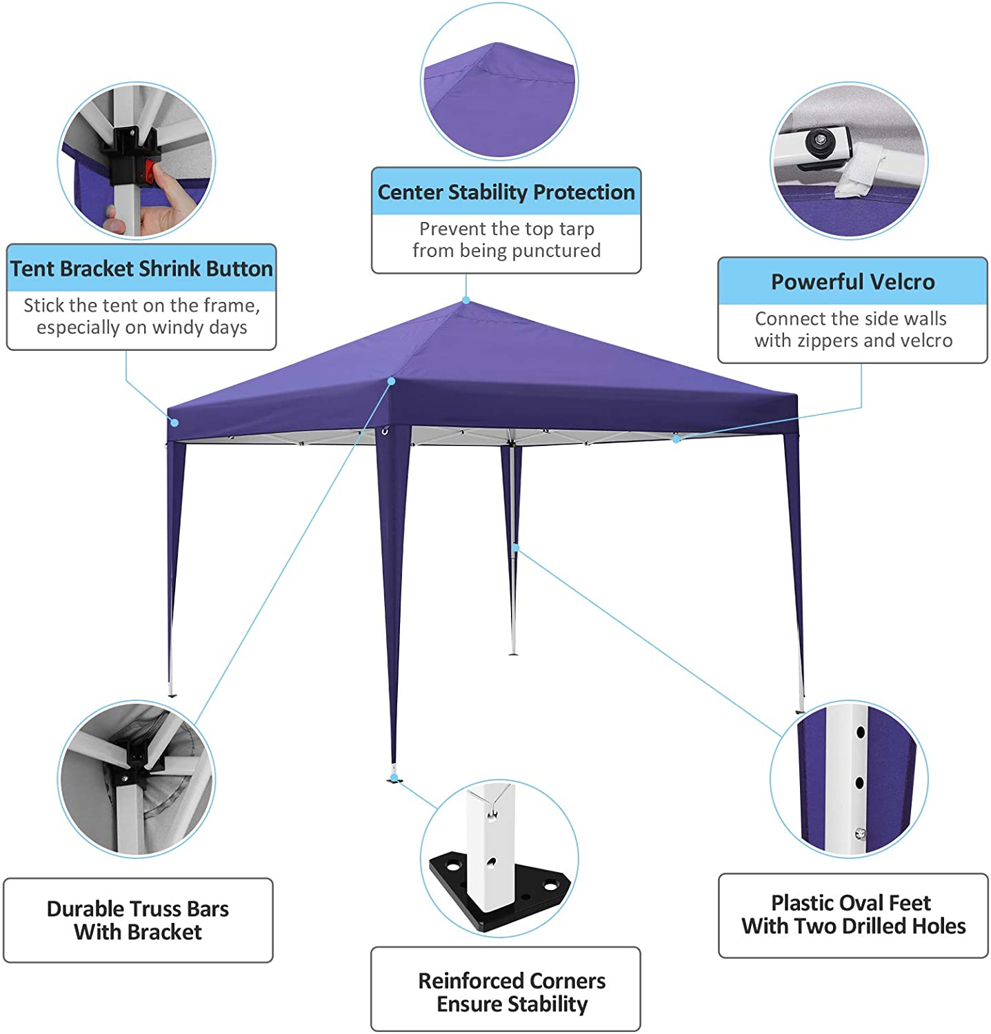 Carpa 3x3m Plegable Impermeable 4 Paredes, Protección UV 50+, Ajustable en Altura. Sencillo montaje en 3 pasos. Modelo azul. Características. COBIZI