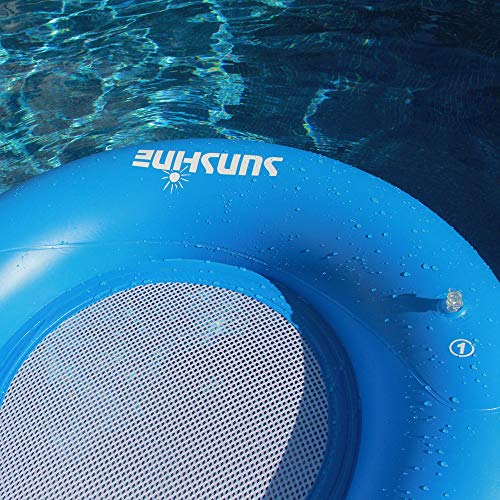 Detalles de colchoneta hinchable Myir Jun azul en piscina.