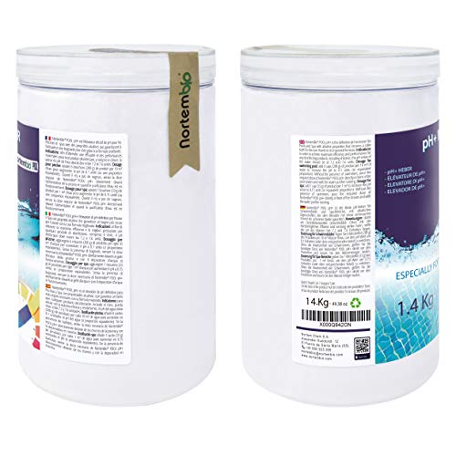 Etiquetaje del Elevador Natural pH+ para Piscina y SPA. Mejora la Calidad del Agua, Beneficioso para la Salud. 1,4 Kg. Nortembio