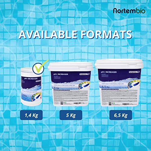 Formatos disponibles del Elevador Natural pH+ para Piscina y SPA. Mejora la Calidad del Agua, Beneficioso para la Salud. 1,4 Kg. Nortembio