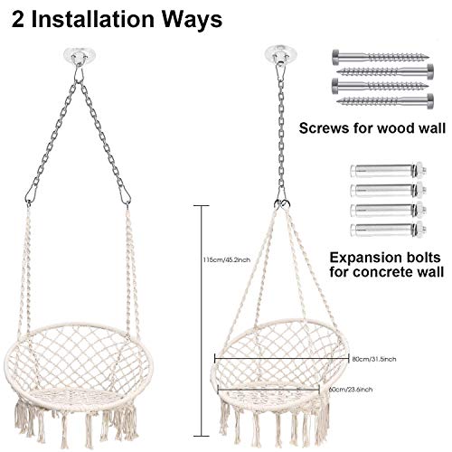2 Formas de instalación de la Silla Colgante con cojín Suave y Kit de Montaje para Colgar, Duradero, Fabricado con Cuerda de macramé de algodón 100%  para Interior. Ohuhu