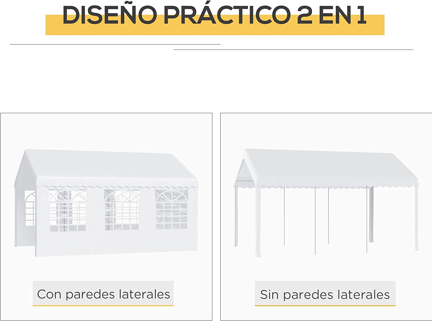 Diseño 2 en 1: con paredes o sin paredes del Pabellón 6x4m 4 Paneles Laterales 6 Ventanas, Acero PE Blanco. Outsunny
