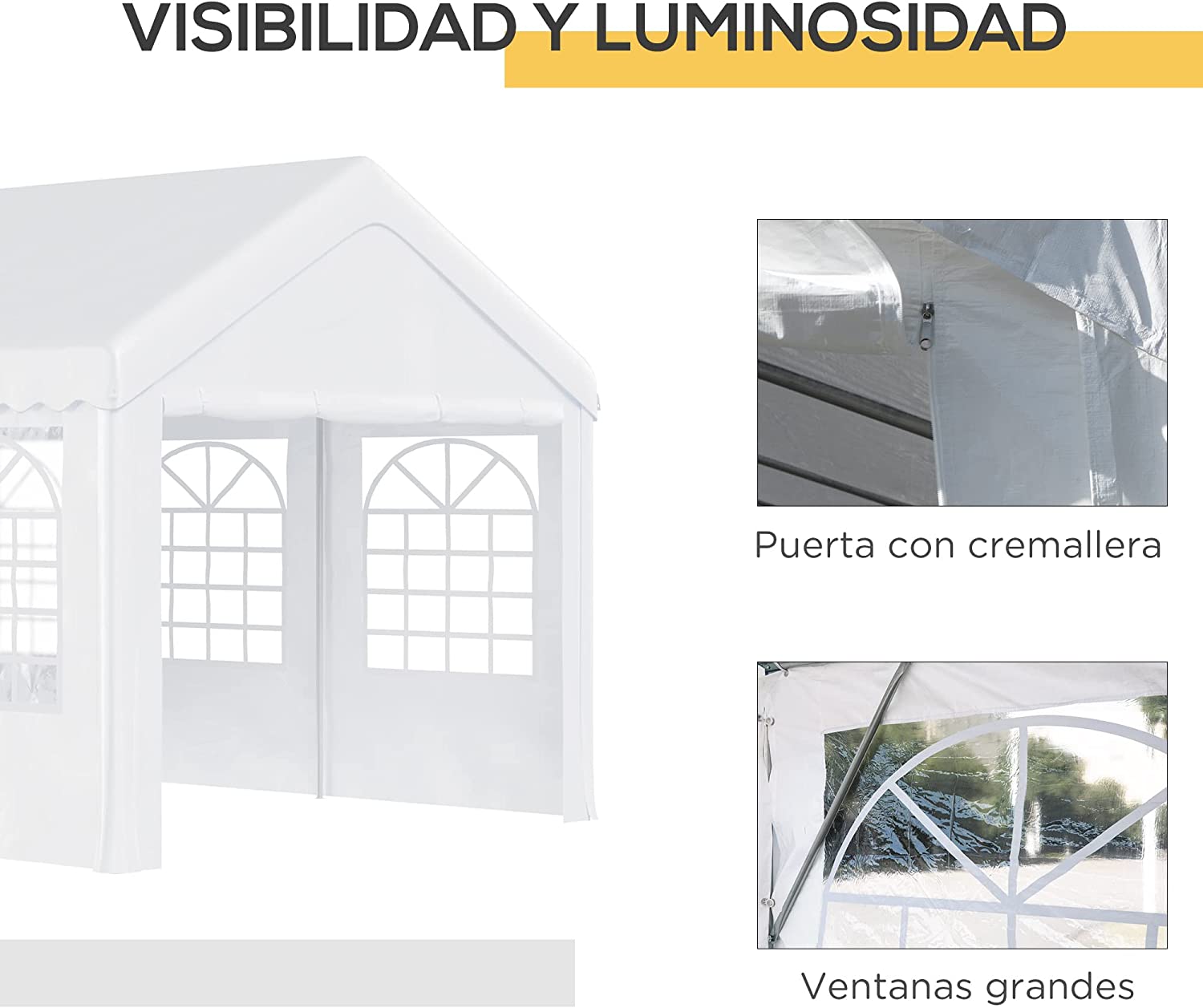 Detalles de puerta con cremallera y amplias ventanas del Pabellón 6x4m 4 Paneles Laterales 6 Ventanas, Acero PE Blanco. Outsunny
