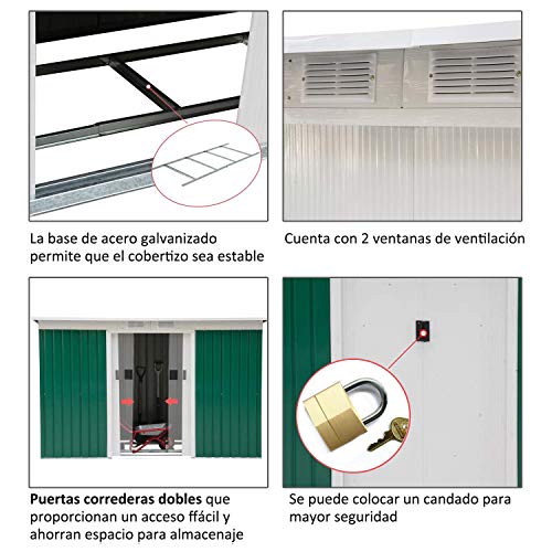 Caseta de Jardín Tipo Cobertizo Metálico para Almacenamiento de Herramientas Base Incluida 277x130x173cm Acero. Características. Outsunny