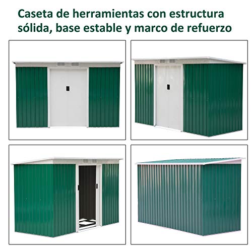 Caseta de Jardín Tipo Cobertizo Metálico para Almacenamiento de Herramientas Base Incluida 277x130x173cm Acero. Vistas varias. Outsunny