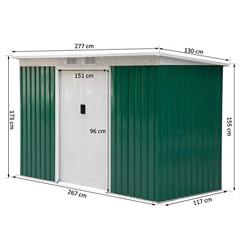 Caseta de Jardín Tipo Cobertizo Metálico para Almacenamiento de Herramientas Base Incluida 277x130x173cm Acero. Medidas. Outsunny