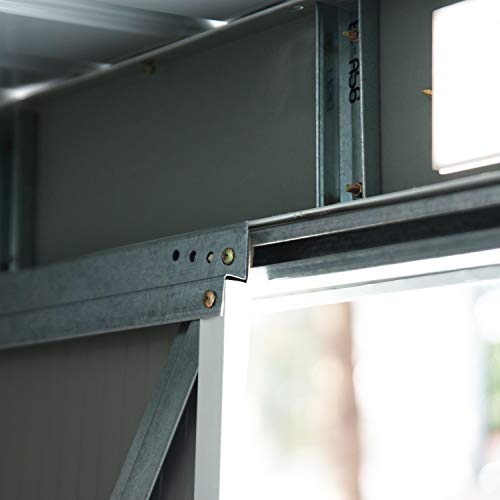 Caseta de Jardín Tipo Cobertizo Metálico para Almacenamiento de Herramientas Base Incluida 277x130x173cm Acero. Detalle puerta corredera.  Outsunny