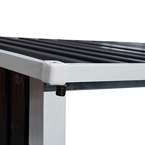 Cobertizo leñero de exterior. Imbornal para Jardín Exteriores con Techo Inclinado 182x89x136/148 cm Gris Oscuro. Detalle de techo inclinado y desagüe.. Outsunny