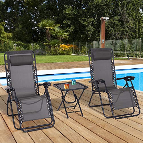 Conjunto de 1 Mesa y 2 Tumbonas Set Exteriores Plegable y Portátil para Jardín Playa Relajante con Respaldo Reclinable Textilene Acero Gris. Conjunto en patio junto a piscina.  Outsunny