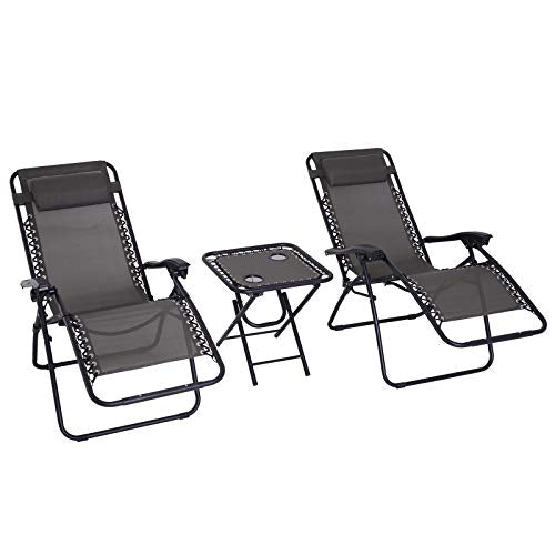 Conjunto de 1 Mesa y 2 Tumbonas Set Exteriores Plegable y Portátil para Jardín Playa Relajante con Respaldo Reclinable Textilene Acero Gris. Vista general. Outsunny